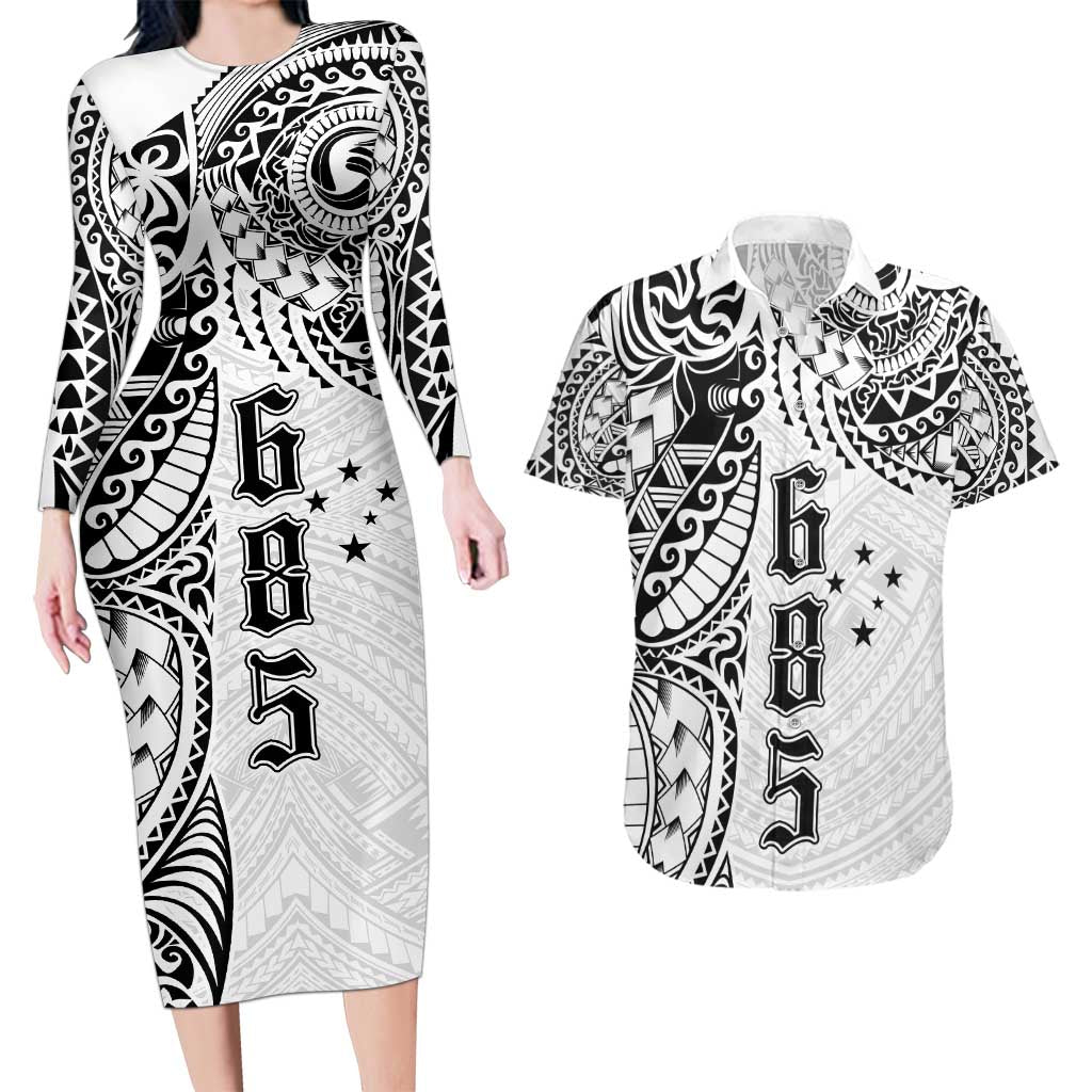 Samoa 685 Art Traditional Tattoo Pattern Couples Matching Long Sleeve Bodycon Dress and Hawaiian Shirt White Color