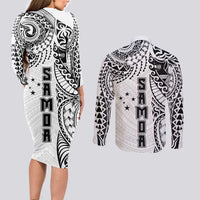 Samoa 685 Art Traditional Tattoo Pattern Couples Matching Long Sleeve Bodycon Dress and Long Sleeve Button Shirt White Color