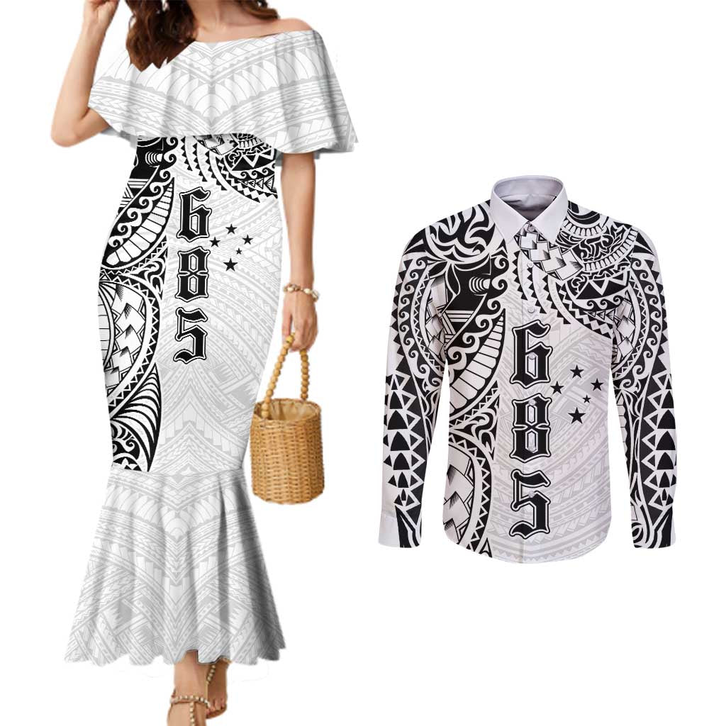 Samoa 685 Art Traditional Tattoo Pattern Couples Matching Mermaid Dress and Long Sleeve Button Shirt White Color