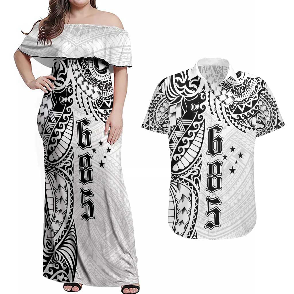 Samoa 685 Art Traditional Tattoo Pattern Couples Matching Off Shoulder Maxi Dress and Hawaiian Shirt White Color