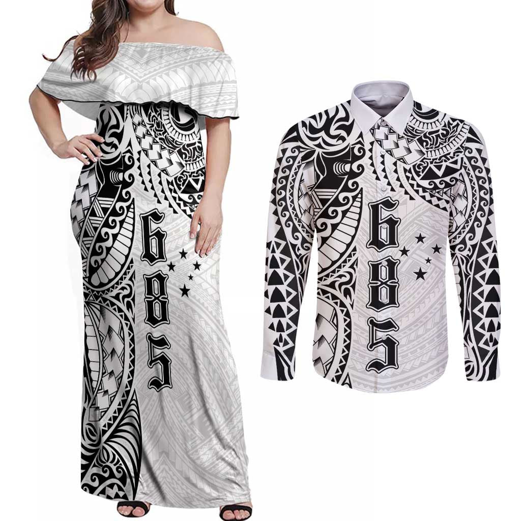 Samoa 685 Art Traditional Tattoo Pattern Couples Matching Off Shoulder Maxi Dress and Long Sleeve Button Shirt White Color