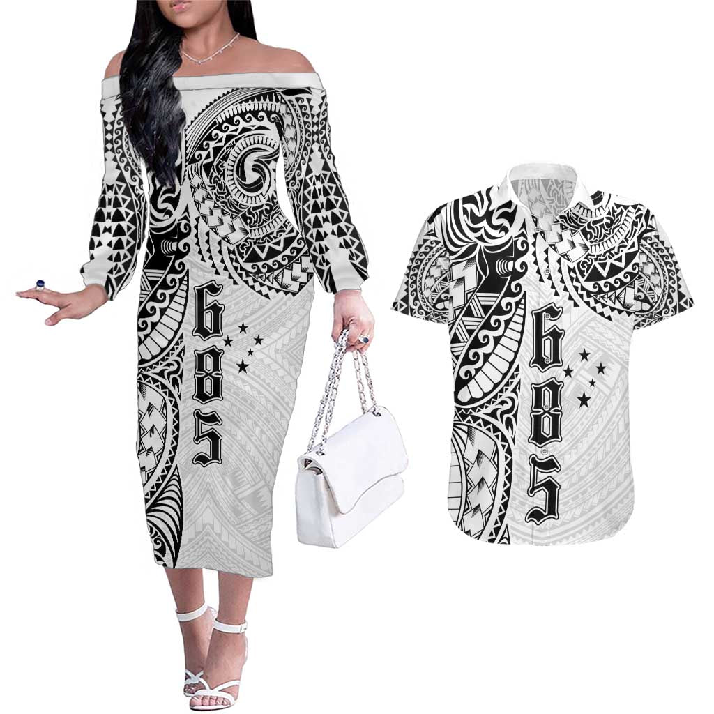 Samoa 685 Art Traditional Tattoo Pattern Couples Matching Off The Shoulder Long Sleeve Dress and Hawaiian Shirt White Color