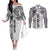 Samoa 685 Art Traditional Tattoo Pattern Couples Matching Off The Shoulder Long Sleeve Dress and Long Sleeve Button Shirt White Color