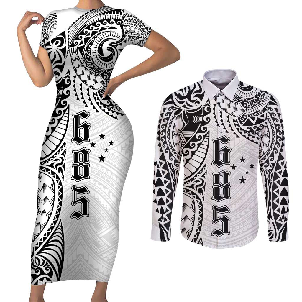 Samoa 685 Art Traditional Tattoo Pattern Couples Matching Short Sleeve Bodycon Dress and Long Sleeve Button Shirt White Color