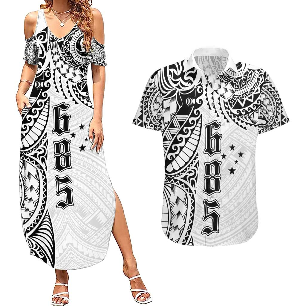 Samoa 685 Art Traditional Tattoo Pattern Couples Matching Summer Maxi Dress and Hawaiian Shirt White Color