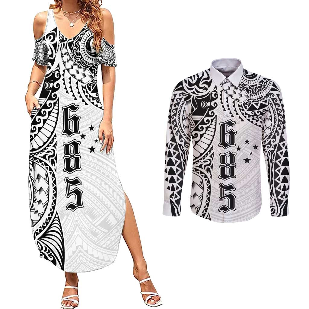 Samoa 685 Art Traditional Tattoo Pattern Couples Matching Summer Maxi Dress and Long Sleeve Button Shirt White Color