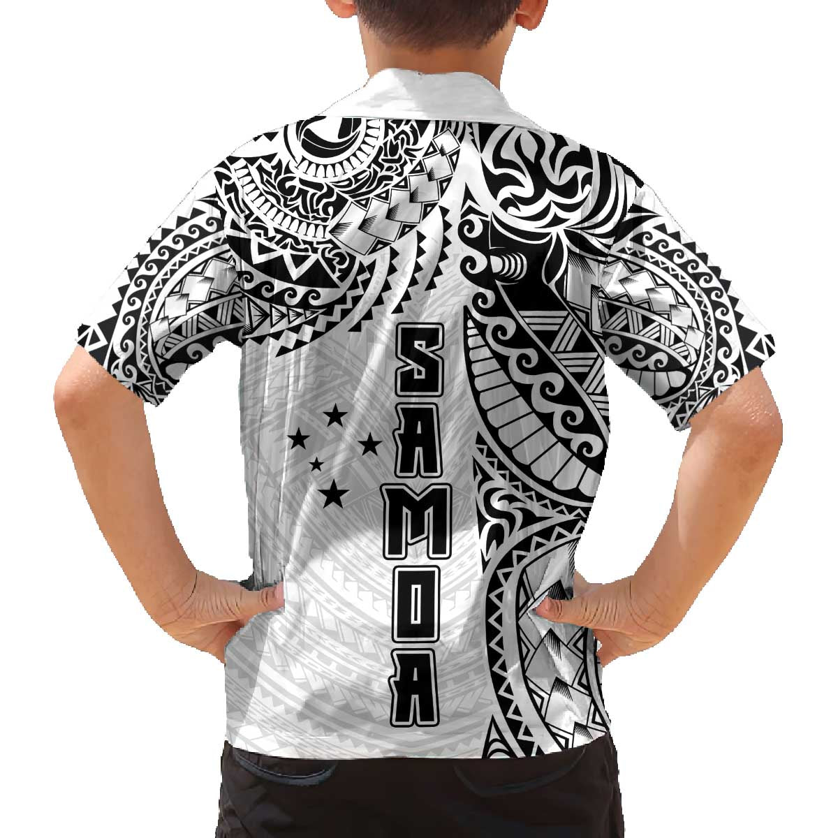 Samoa 685 Art Traditional Tattoo Pattern Family Matching Off The Shoulder Long Sleeve Dress and Hawaiian Shirt White Color