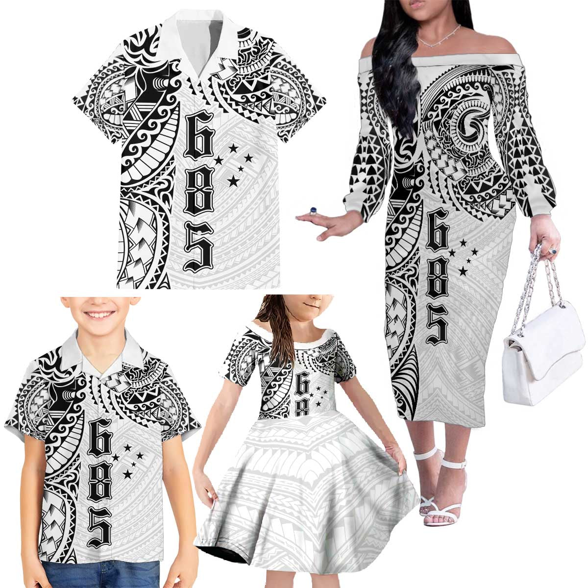 Samoa 685 Art Traditional Tattoo Pattern Family Matching Off The Shoulder Long Sleeve Dress and Hawaiian Shirt White Color