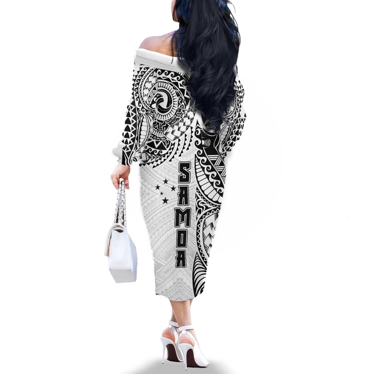 Samoa 685 Art Traditional Tattoo Pattern Family Matching Off The Shoulder Long Sleeve Dress and Hawaiian Shirt White Color
