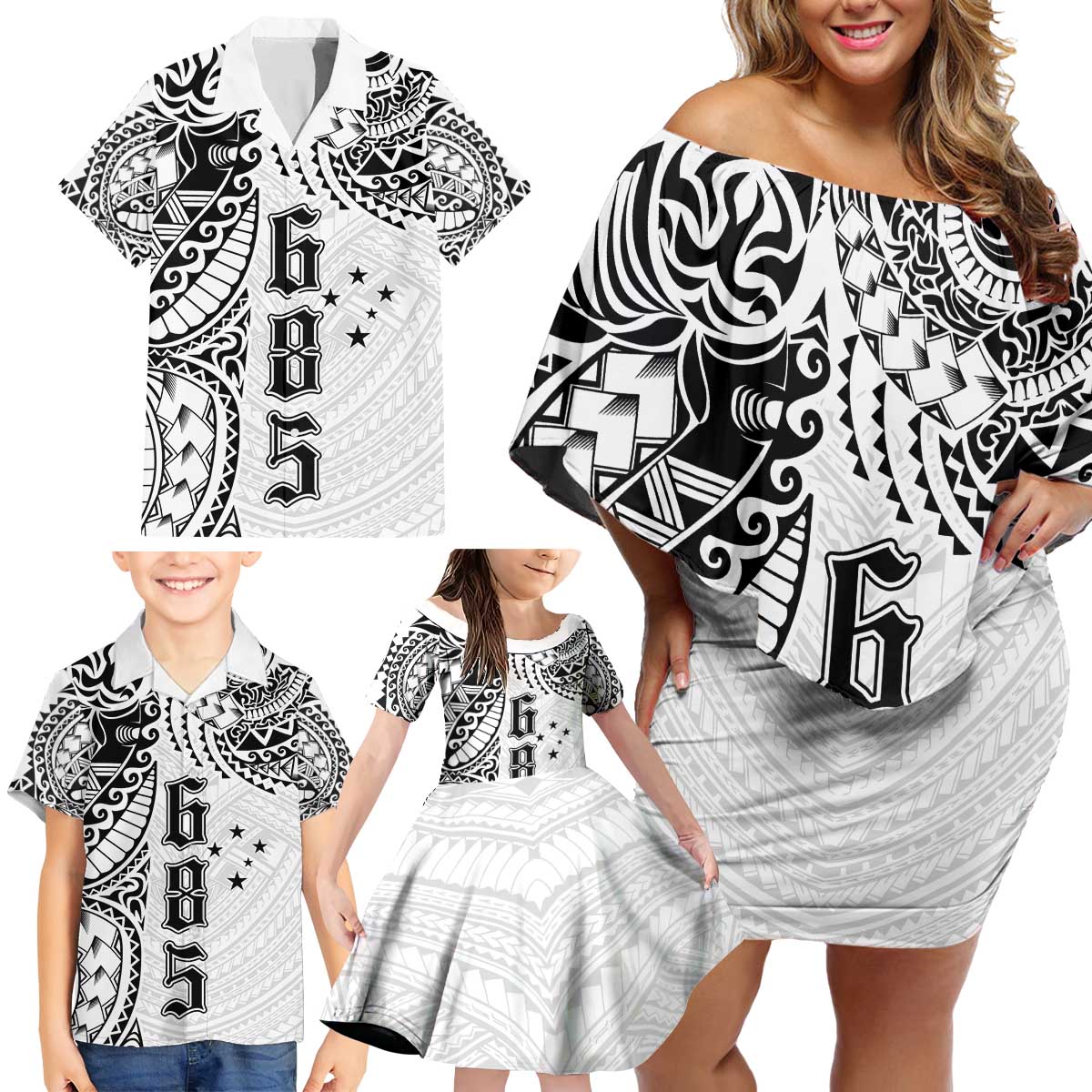 Samoa 685 Art Traditional Tattoo Pattern Family Matching Off Shoulder Short Dress and Hawaiian Shirt White Color