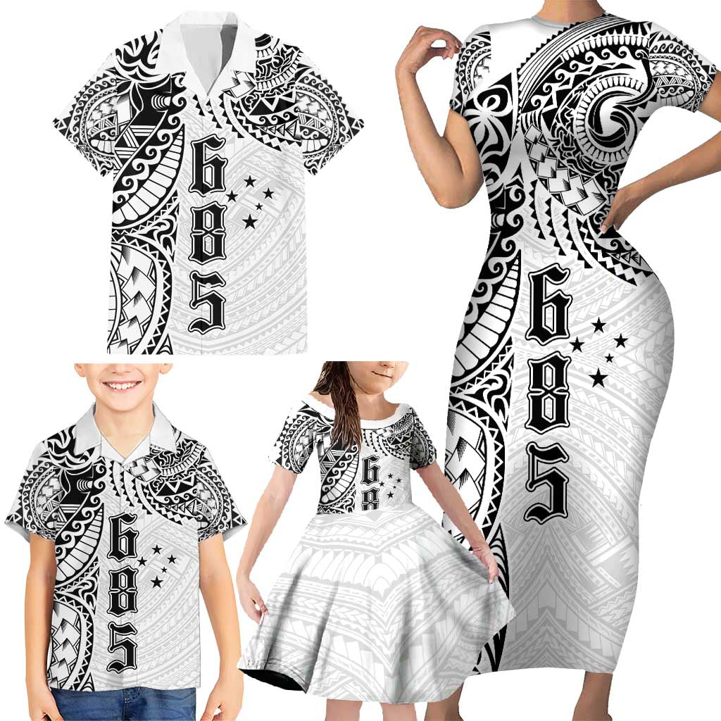 Samoa 685 Art Traditional Tattoo Pattern Family Matching Short Sleeve Bodycon Dress and Hawaiian Shirt White Color