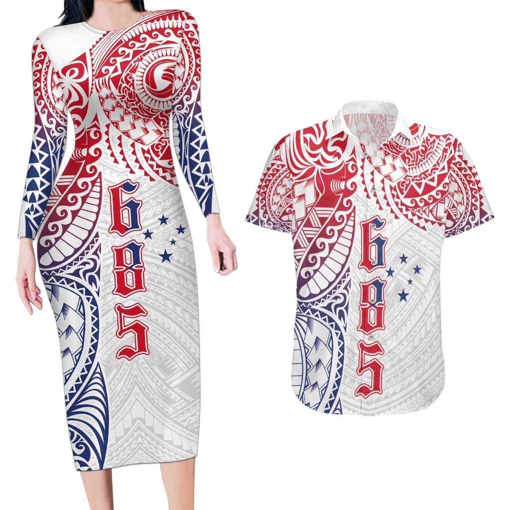 Samoa 685 Art Traditional Tattoo Pattern Couples Matching Long Sleeve Bodycon Dress and Hawaiian Shirt Gradient Color