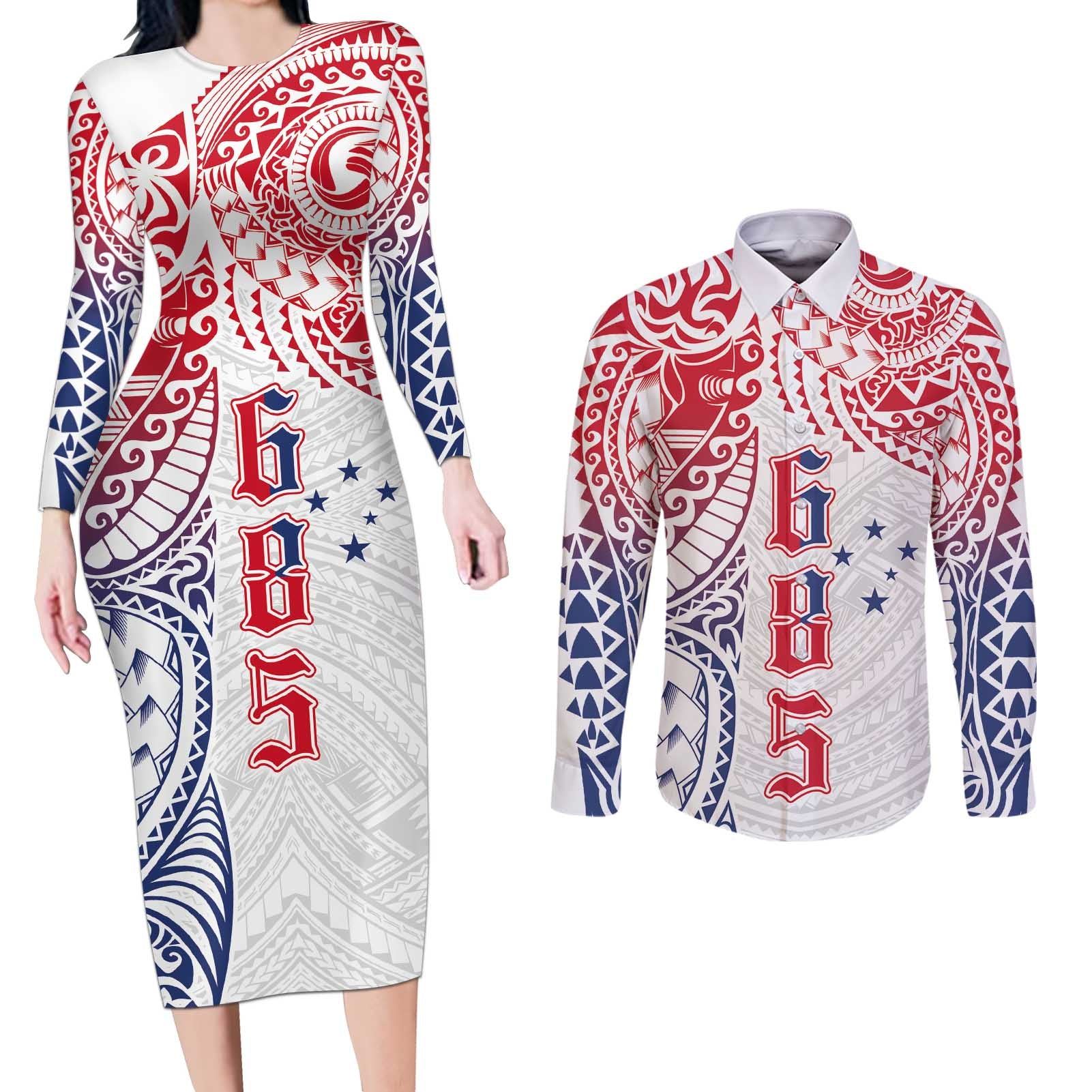 Samoa 685 Art Traditional Tattoo Pattern Couples Matching Long Sleeve Bodycon Dress and Long Sleeve Button Shirt Gradient Color