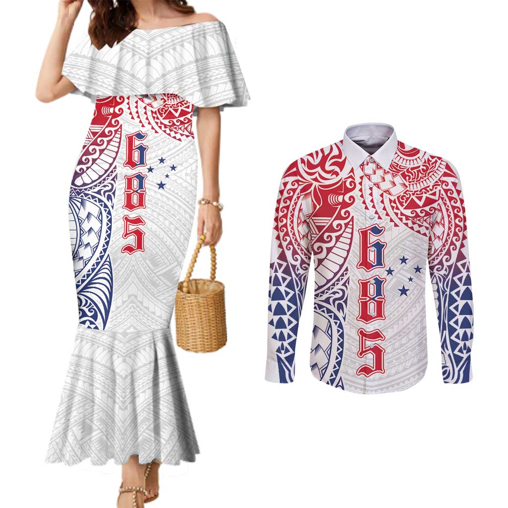 Samoa 685 Art Traditional Tattoo Pattern Couples Matching Mermaid Dress and Long Sleeve Button Shirt Gradient Color