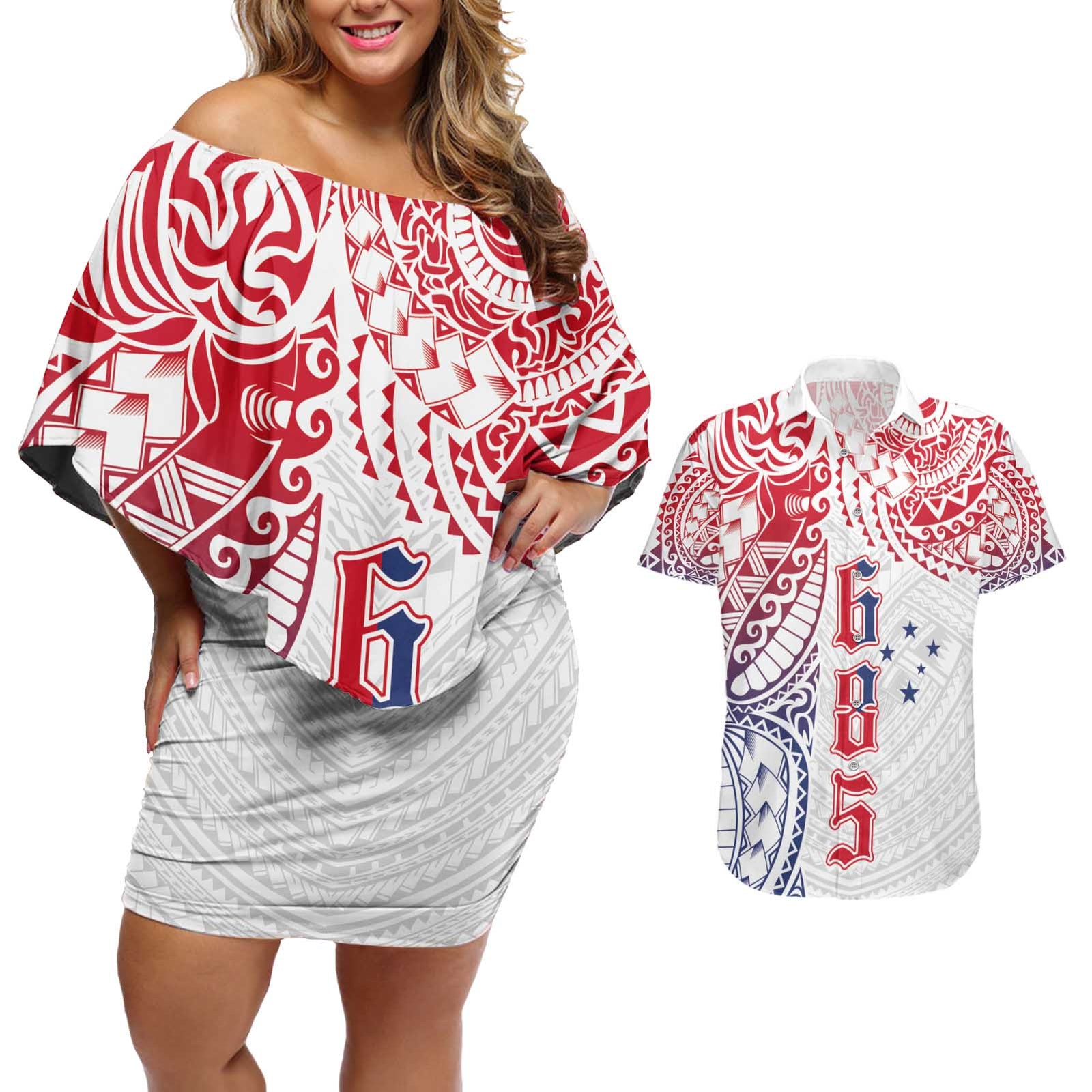 Samoa 685 Art Traditional Tattoo Pattern Couples Matching Off Shoulder Short Dress and Hawaiian Shirt Gradient Color