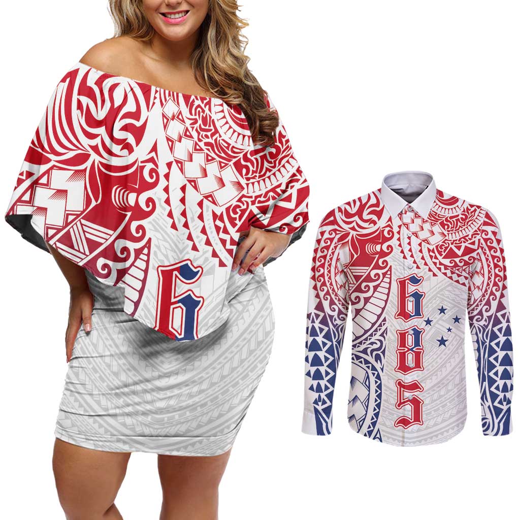 Samoa 685 Art Traditional Tattoo Pattern Couples Matching Off Shoulder Short Dress and Long Sleeve Button Shirt Gradient Color