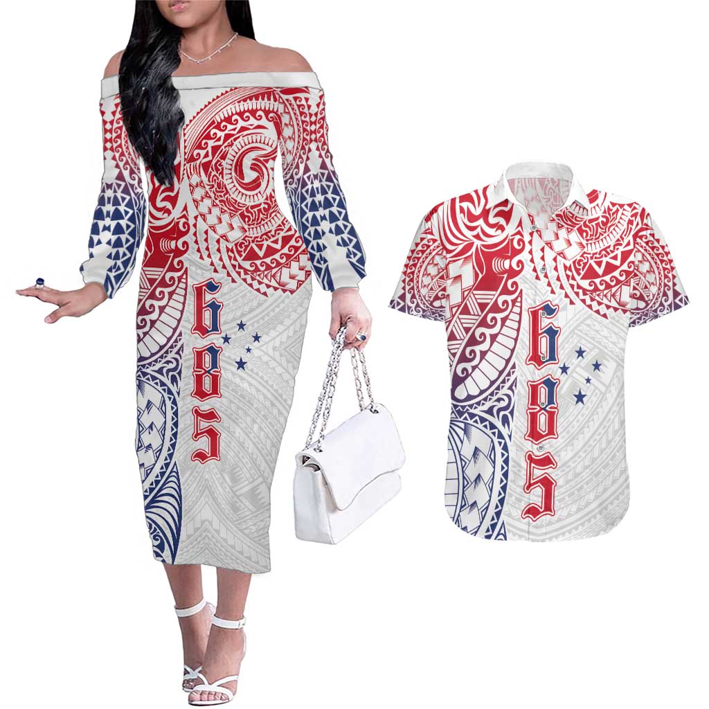 Samoa 685 Art Traditional Tattoo Pattern Couples Matching Off The Shoulder Long Sleeve Dress and Hawaiian Shirt Gradient Color