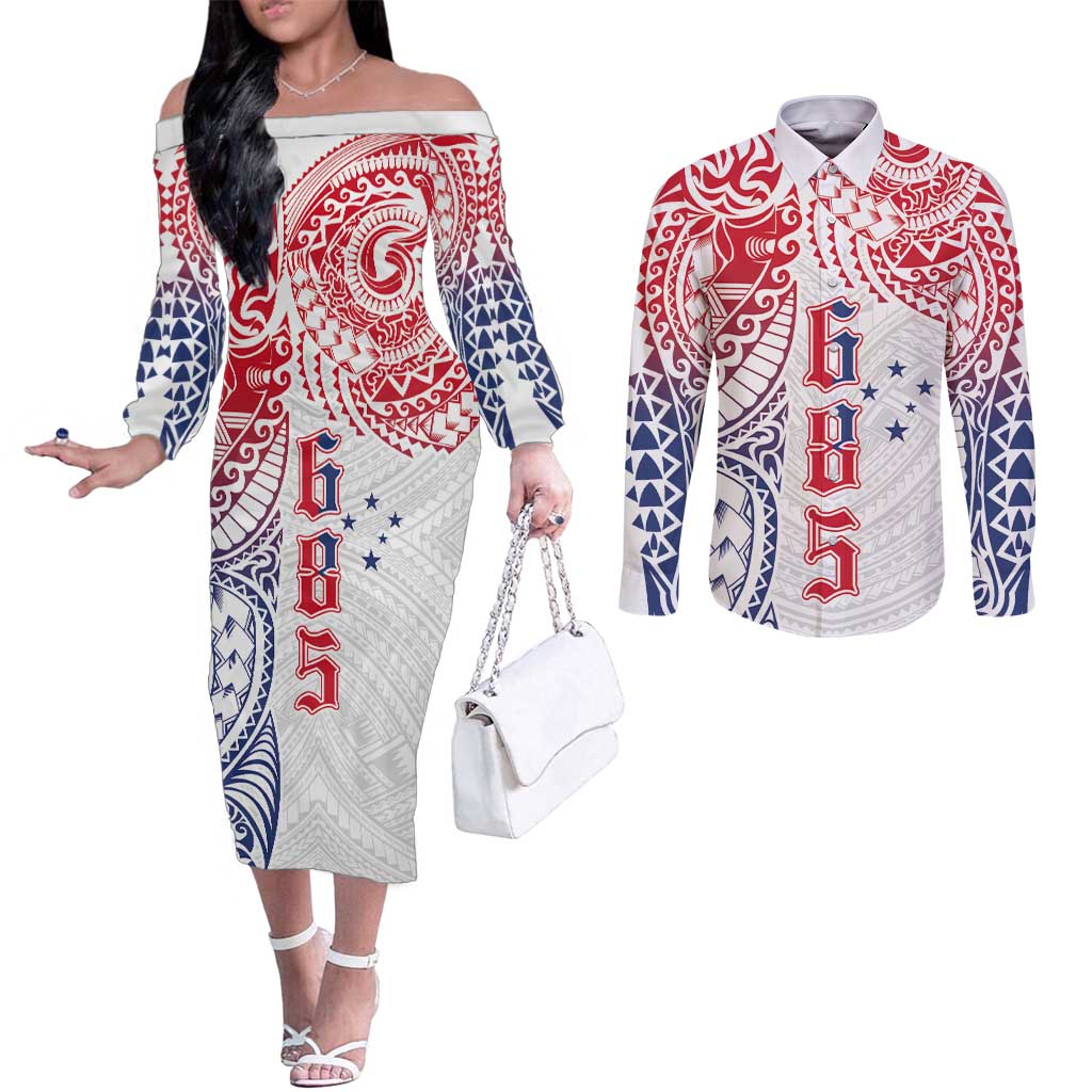 Samoa 685 Art Traditional Tattoo Pattern Couples Matching Off The Shoulder Long Sleeve Dress and Long Sleeve Button Shirt Gradient Color