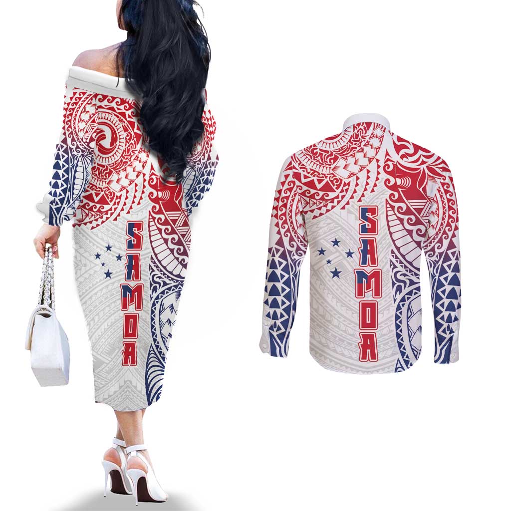 Samoa 685 Art Traditional Tattoo Pattern Couples Matching Off The Shoulder Long Sleeve Dress and Long Sleeve Button Shirt Gradient Color