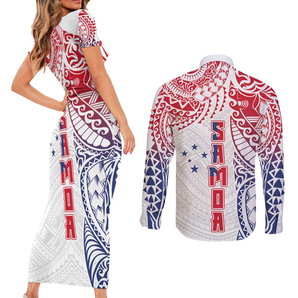 Samoa 685 Art Traditional Tattoo Pattern Couples Matching Short Sleeve Bodycon Dress and Long Sleeve Button Shirt Gradient Color