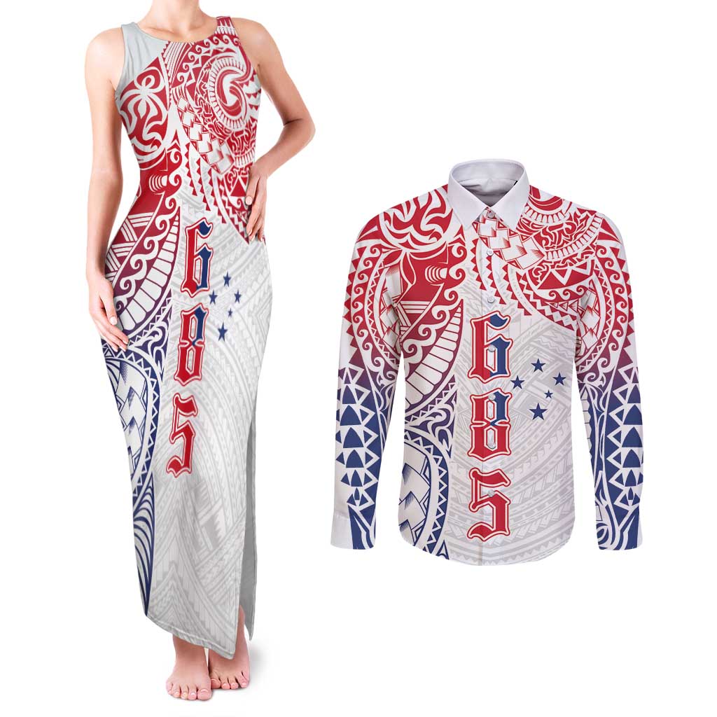 Samoa 685 Art Traditional Tattoo Pattern Couples Matching Tank Maxi Dress and Long Sleeve Button Shirt Gradient Color