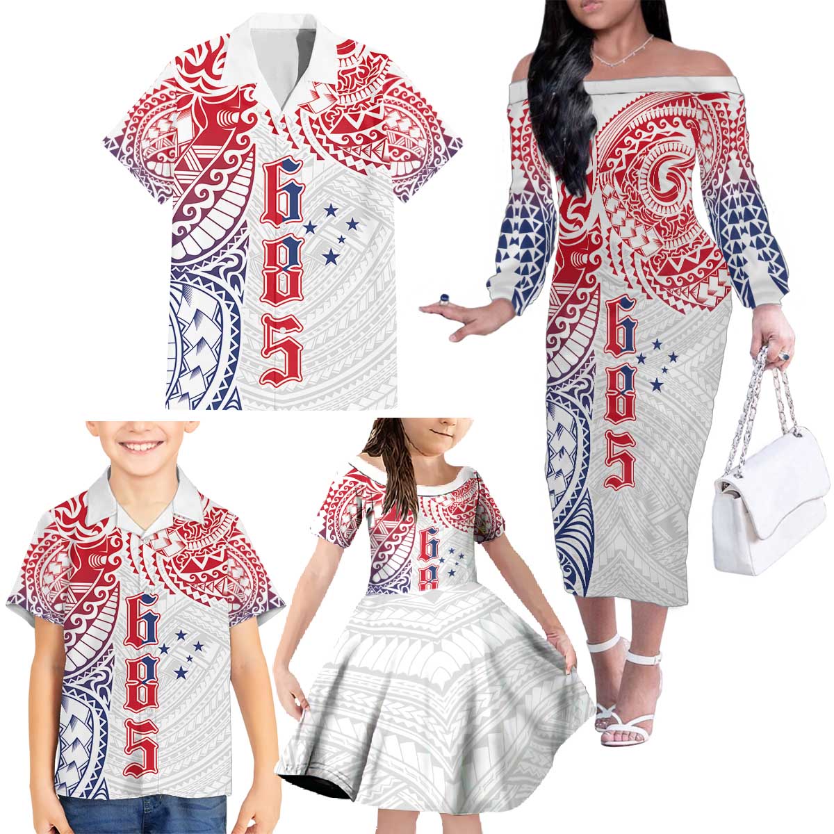 Samoa 685 Art Traditional Tattoo Pattern Family Matching Off The Shoulder Long Sleeve Dress and Hawaiian Shirt Gradient Color