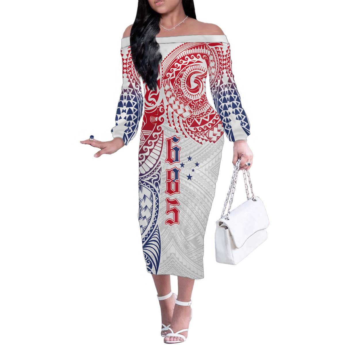 Samoa 685 Art Traditional Tattoo Pattern Family Matching Off The Shoulder Long Sleeve Dress and Hawaiian Shirt Gradient Color