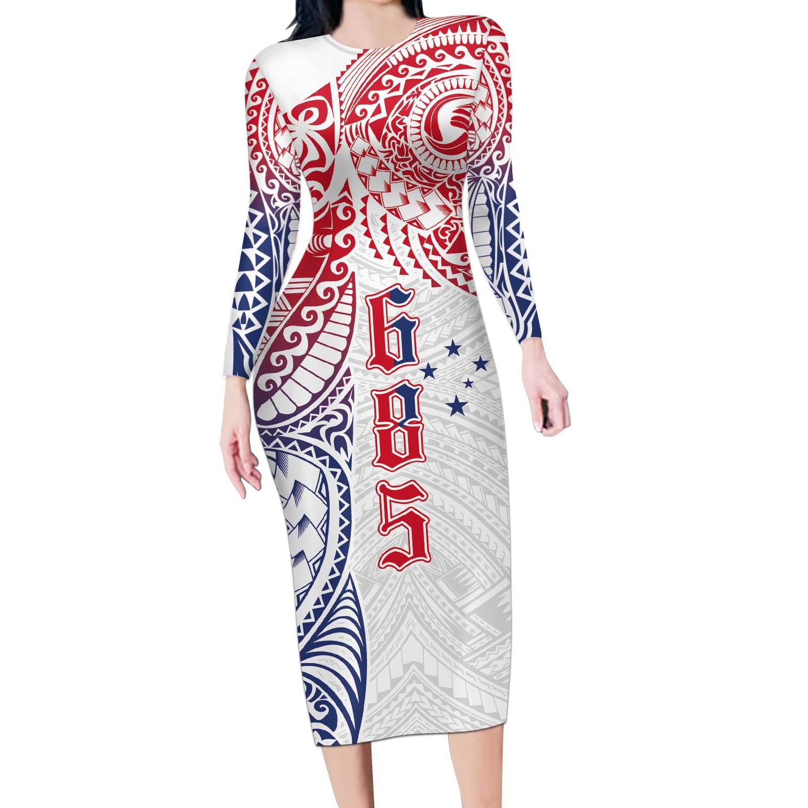 Samoa 685 Art Traditional Tattoo Pattern Long Sleeve Bodycon Dress Gradient Color