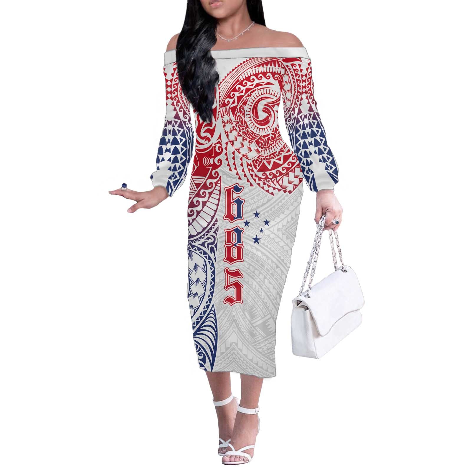 Samoa 685 Art Traditional Tattoo Pattern Off The Shoulder Long Sleeve Dress Gradient Color