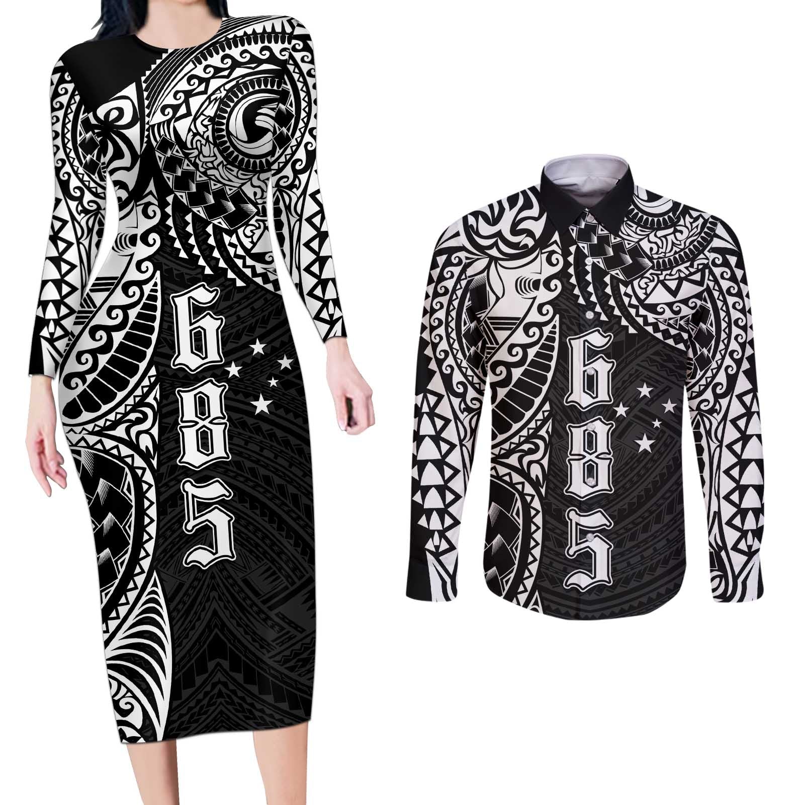 Samoa 685 Art Traditional Tattoo Pattern Couples Matching Long Sleeve Bodycon Dress and Long Sleeve Button Shirt Black Color