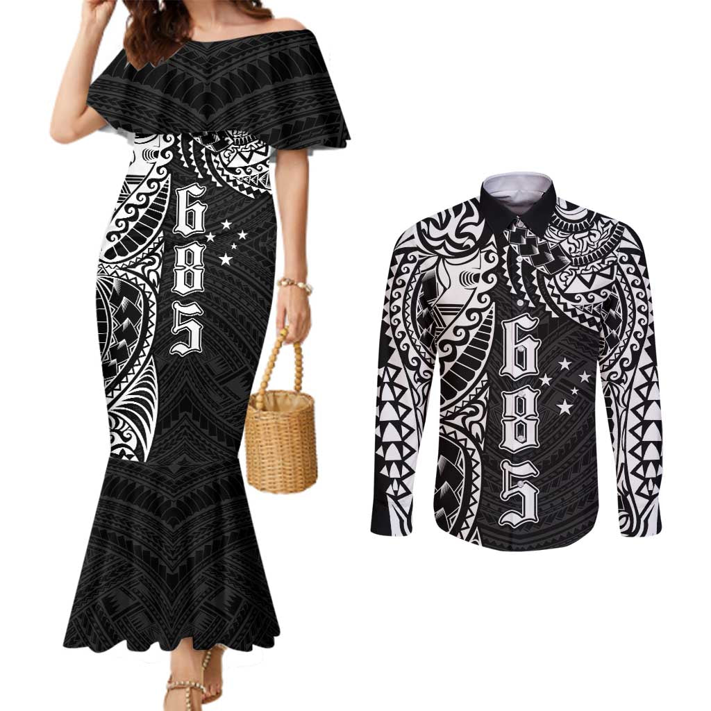 Samoa 685 Art Traditional Tattoo Pattern Couples Matching Mermaid Dress and Long Sleeve Button Shirt Black Color