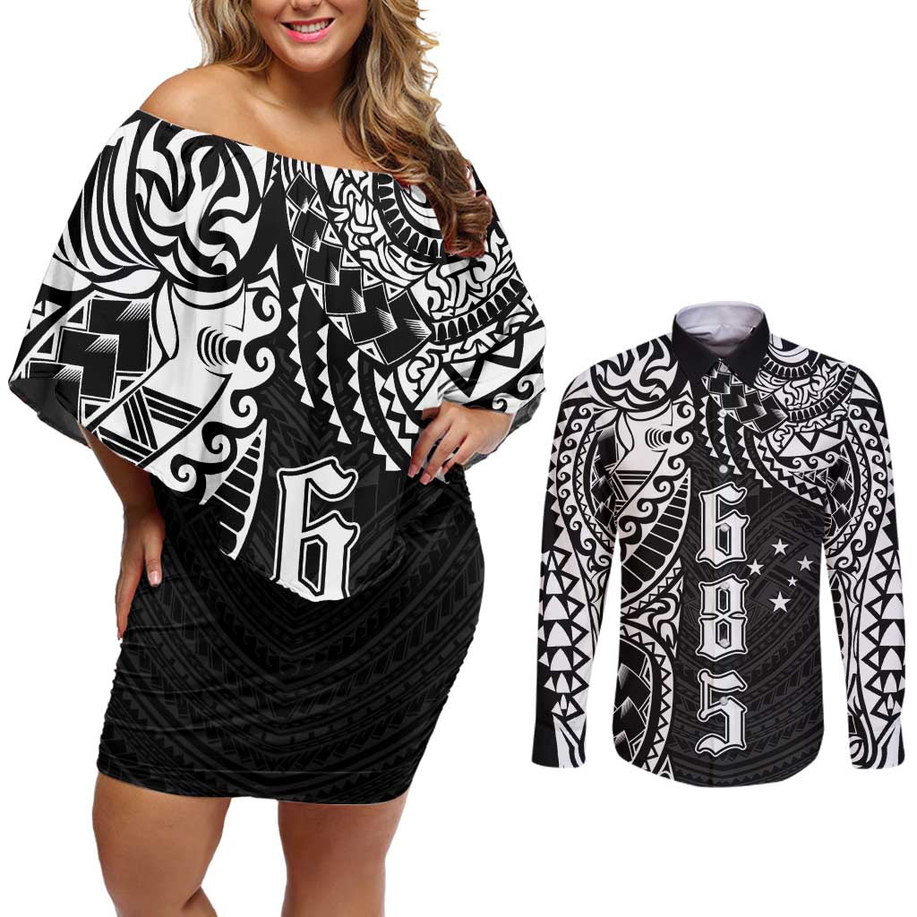 Samoa 685 Art Traditional Tattoo Pattern Couples Matching Off Shoulder Short Dress and Long Sleeve Button Shirt Black Color