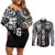 Samoa 685 Art Traditional Tattoo Pattern Couples Matching Off Shoulder Short Dress and Long Sleeve Button Shirt Black Color