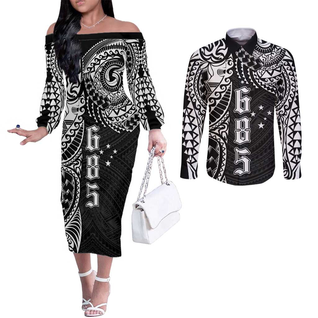 Samoa 685 Art Traditional Tattoo Pattern Couples Matching Off The Shoulder Long Sleeve Dress and Long Sleeve Button Shirt Black Color