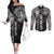 Samoa 685 Art Traditional Tattoo Pattern Couples Matching Off The Shoulder Long Sleeve Dress and Long Sleeve Button Shirt Black Color