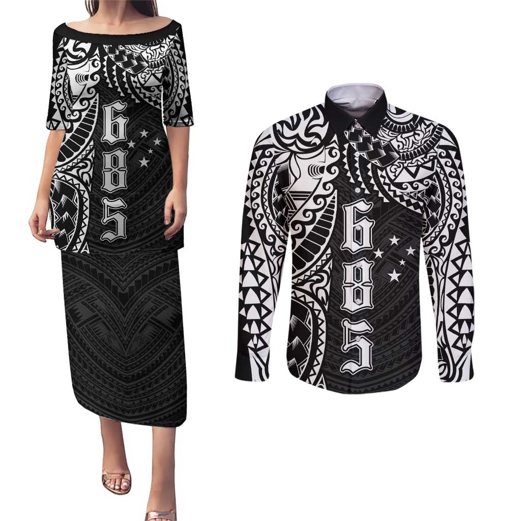 Samoa 685 Art Traditional Tattoo Pattern Couples Matching Puletasi and Long Sleeve Button Shirt Black Color