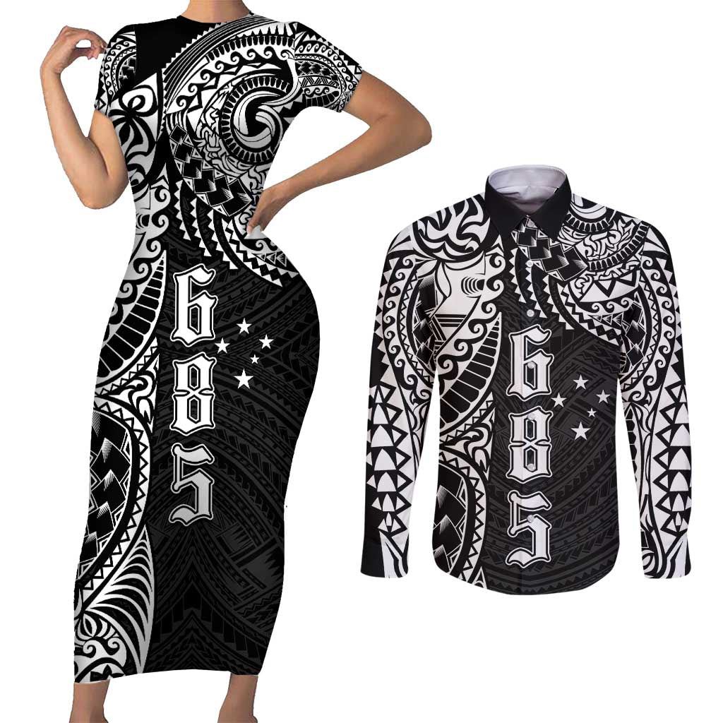 Samoa 685 Art Traditional Tattoo Pattern Couples Matching Short Sleeve Bodycon Dress and Long Sleeve Button Shirt Black Color