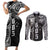 Samoa 685 Art Traditional Tattoo Pattern Couples Matching Short Sleeve Bodycon Dress and Long Sleeve Button Shirt Black Color