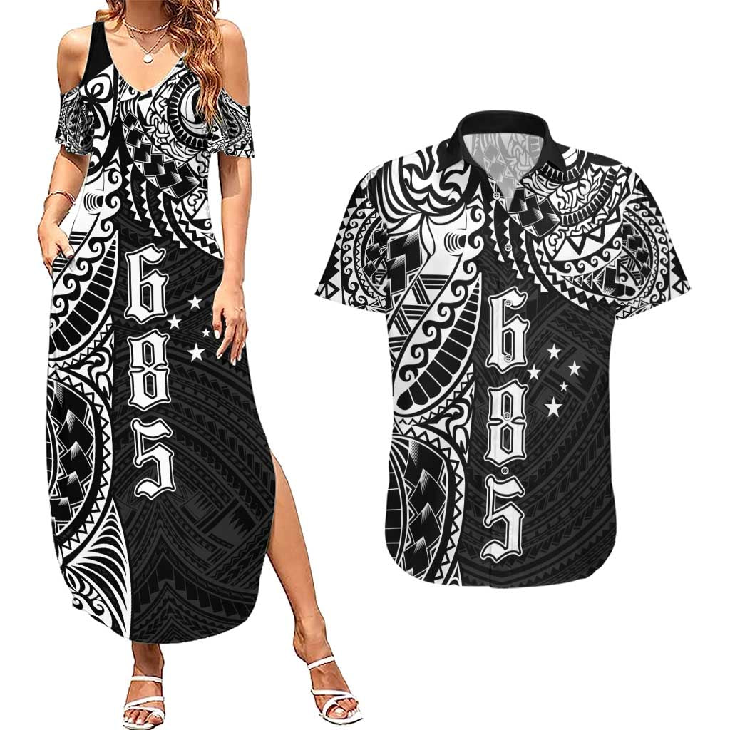 Samoa 685 Art Traditional Tattoo Pattern Couples Matching Summer Maxi Dress and Hawaiian Shirt Black Color