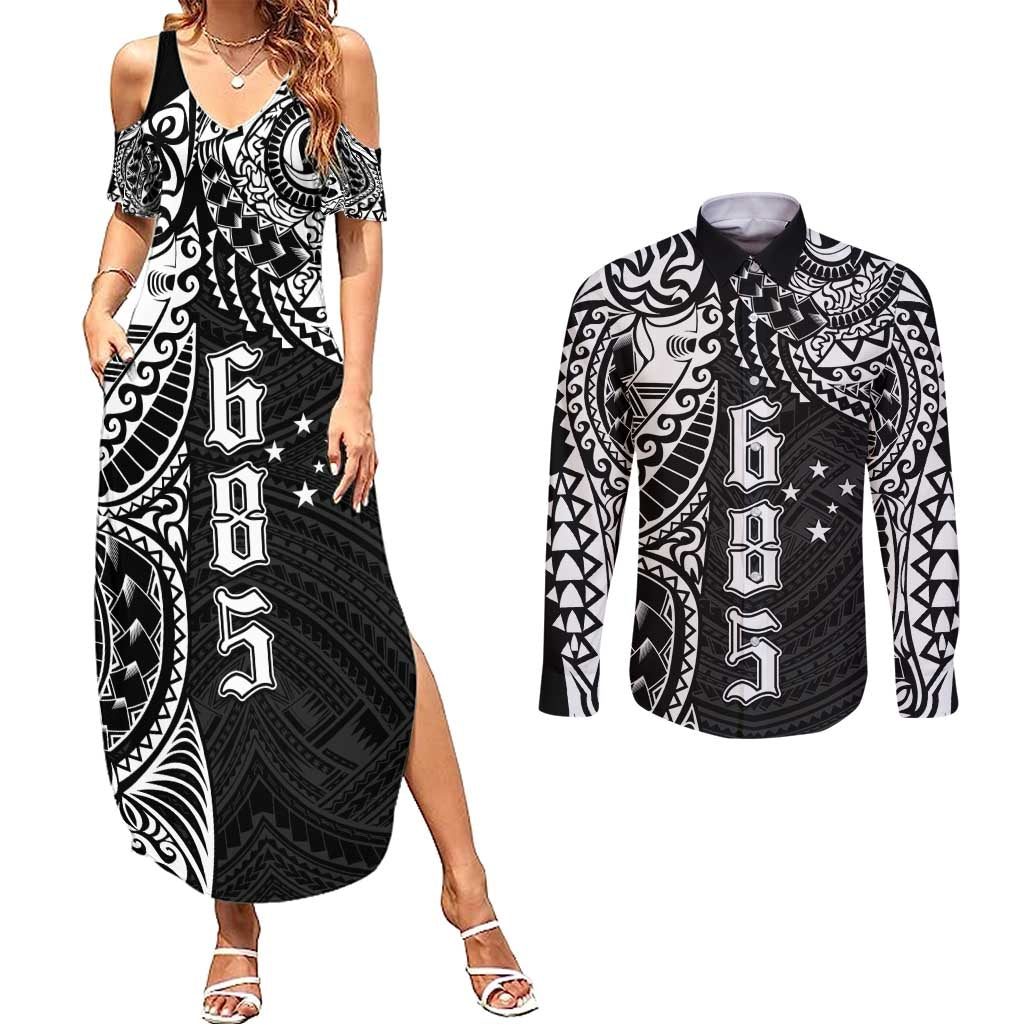 Samoa 685 Art Traditional Tattoo Pattern Couples Matching Summer Maxi Dress and Long Sleeve Button Shirt Black Color