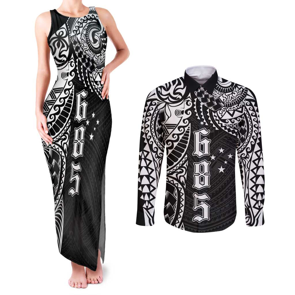 Samoa 685 Art Traditional Tattoo Pattern Couples Matching Tank Maxi Dress and Long Sleeve Button Shirt Black Color