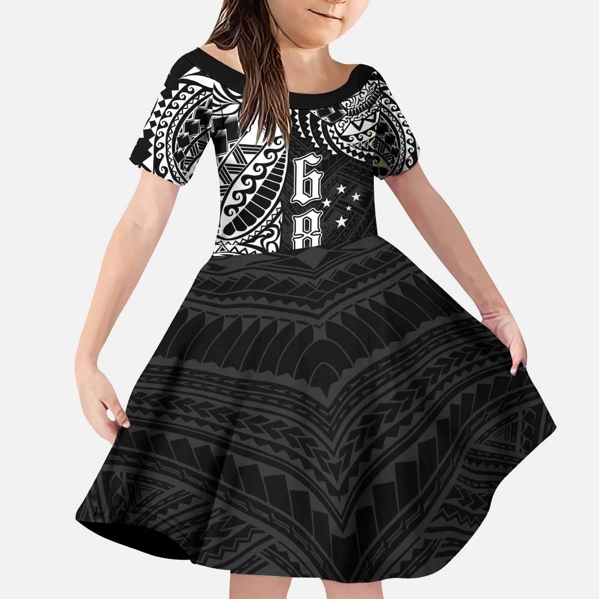 Samoa 685 Art Traditional Tattoo Pattern Kid Short Sleeve Dress Black Color