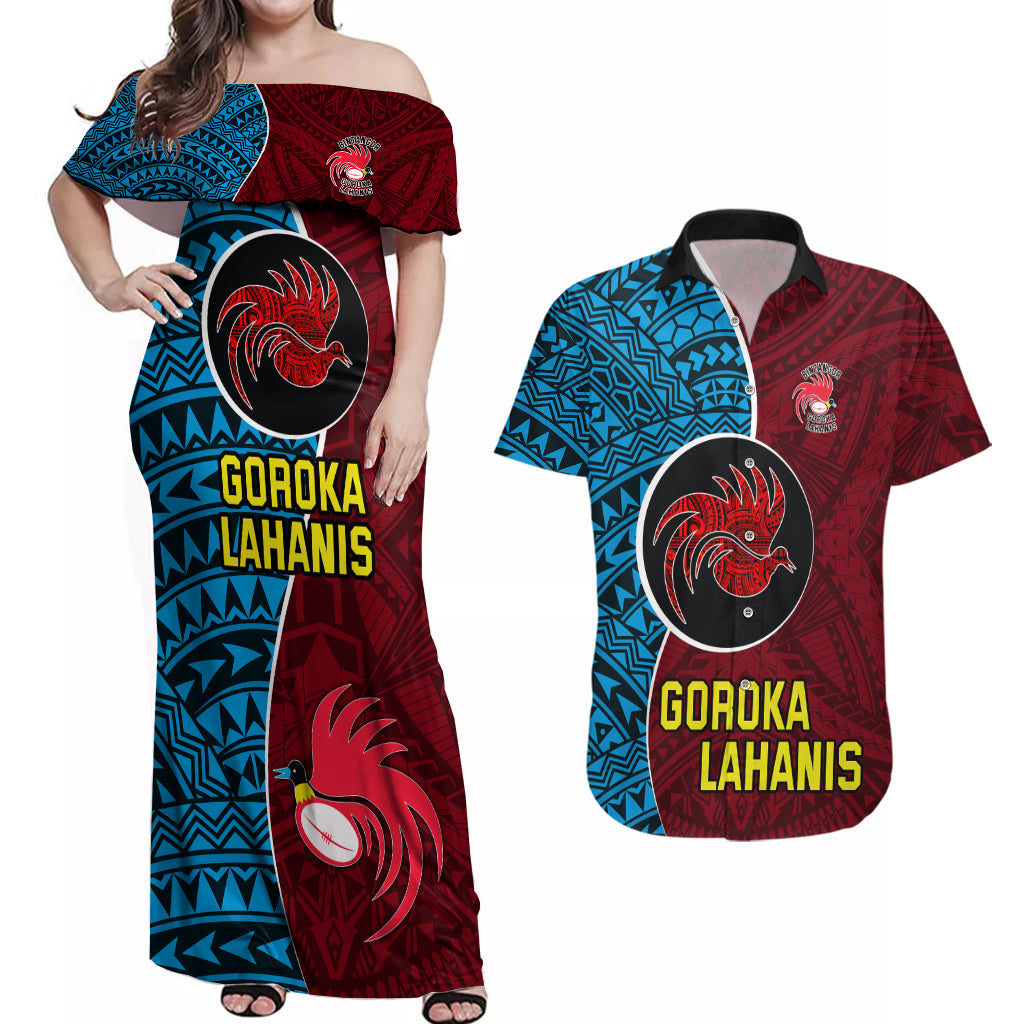 Bintangor Goroka Lahanis Rugby Couples Matching Off Shoulder Maxi Dress and Hawaiian Shirt Papua New Guinea Polynesian Tattoo LT03 Red - Polynesian Pride