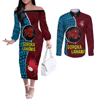 Bintangor Goroka Lahanis Rugby Couples Matching Off The Shoulder Long Sleeve Dress and Long Sleeve Button Shirts Papua New Guinea Polynesian Tattoo LT03 Red - Polynesian Pride