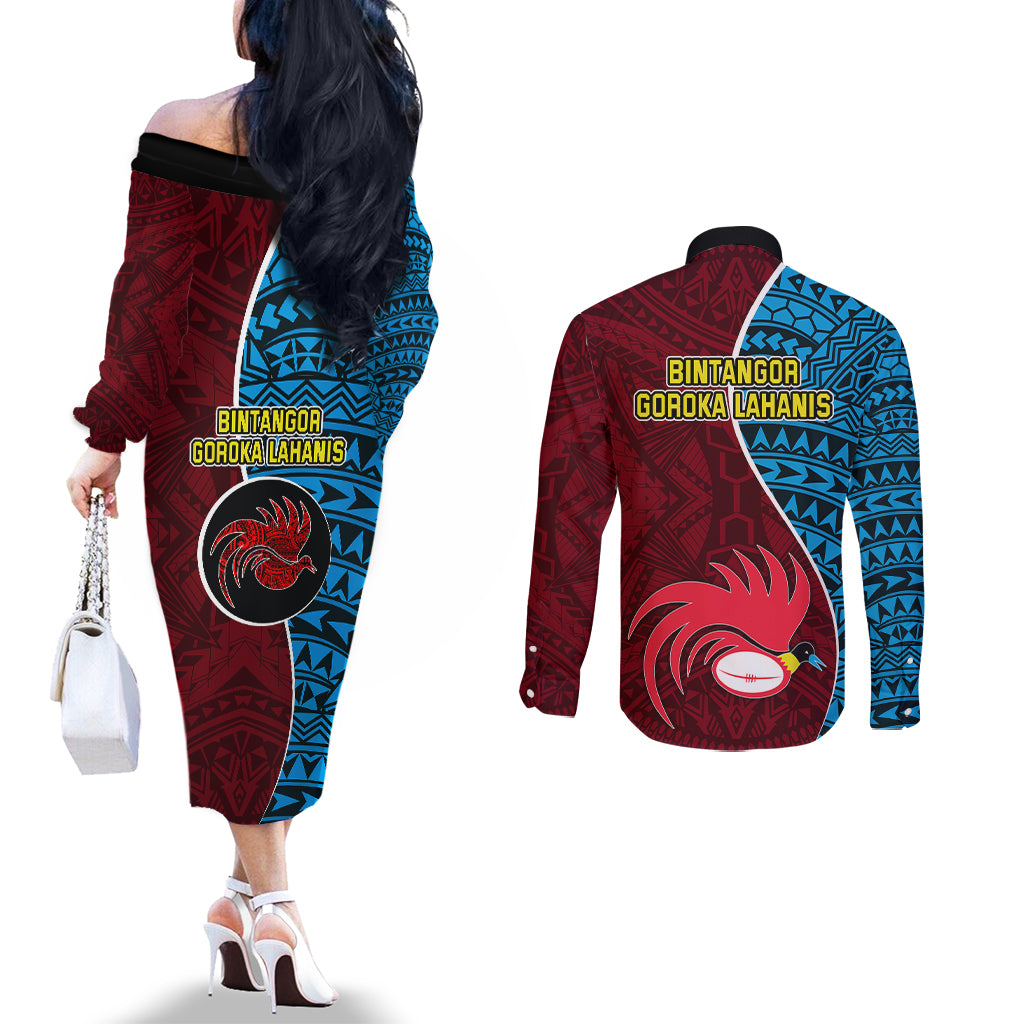 Bintangor Goroka Lahanis Rugby Couples Matching Off The Shoulder Long Sleeve Dress and Long Sleeve Button Shirts Papua New Guinea Polynesian Tattoo LT03 - Polynesian Pride