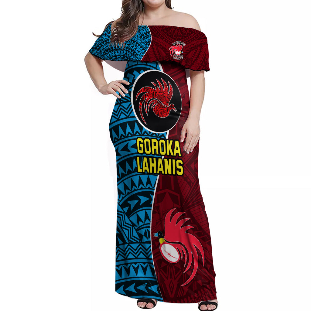 Bintangor Goroka Lahanis Rugby Off Shoulder Maxi Dress Papua New Guinea Polynesian Tattoo LT03 Women Red - Polynesian Pride