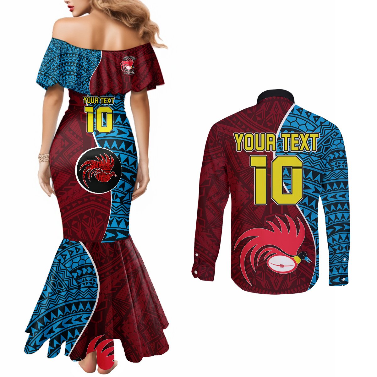 Custom Bintangor Goroka Lahanis Rugby Couples Matching Mermaid Dress and Long Sleeve Button Shirts Papua New Guinea Polynesian Tattoo LT03 - Polynesian Pride