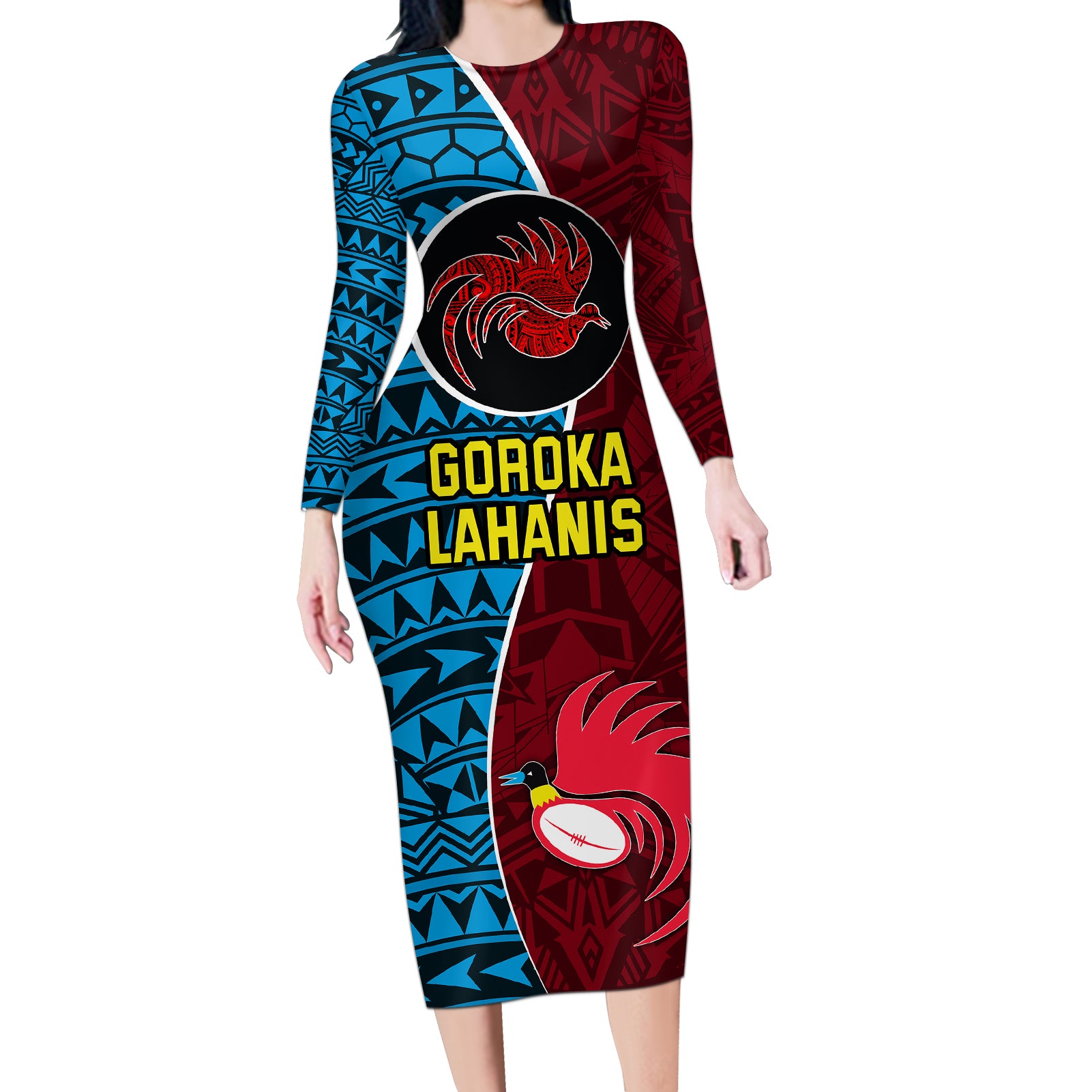 Custom Bintangor Goroka Lahanis Rugby Long Sleeve Bodycon Dress Papua New Guinea Polynesian Tattoo LT03 Long Dress Red - Polynesian Pride