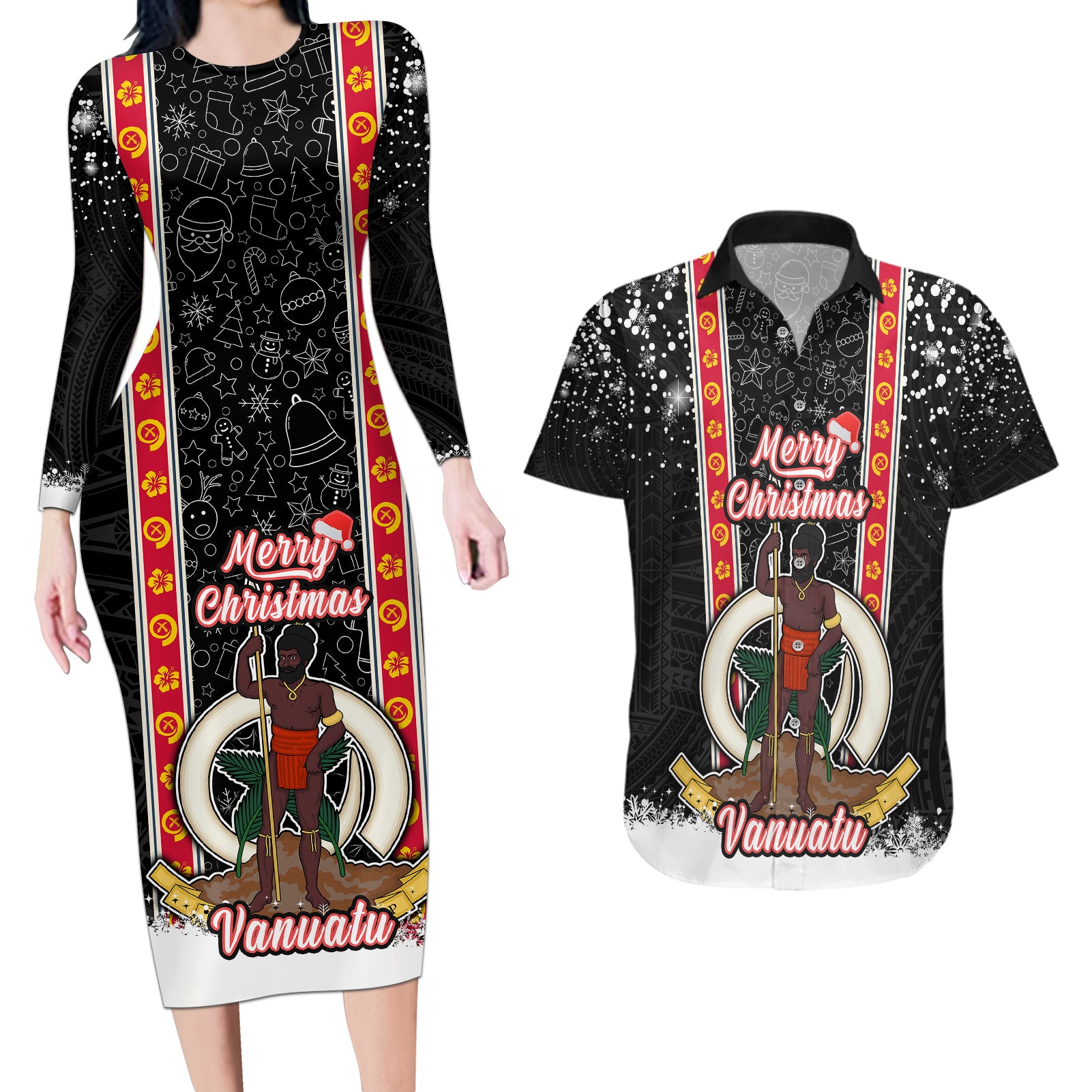 Vanuatu Christmas Couples Matching Long Sleeve Bodycon Dress and Hawaiian Shirt Polynesian Tribal Snow Style LT03 Black - Polynesian Pride