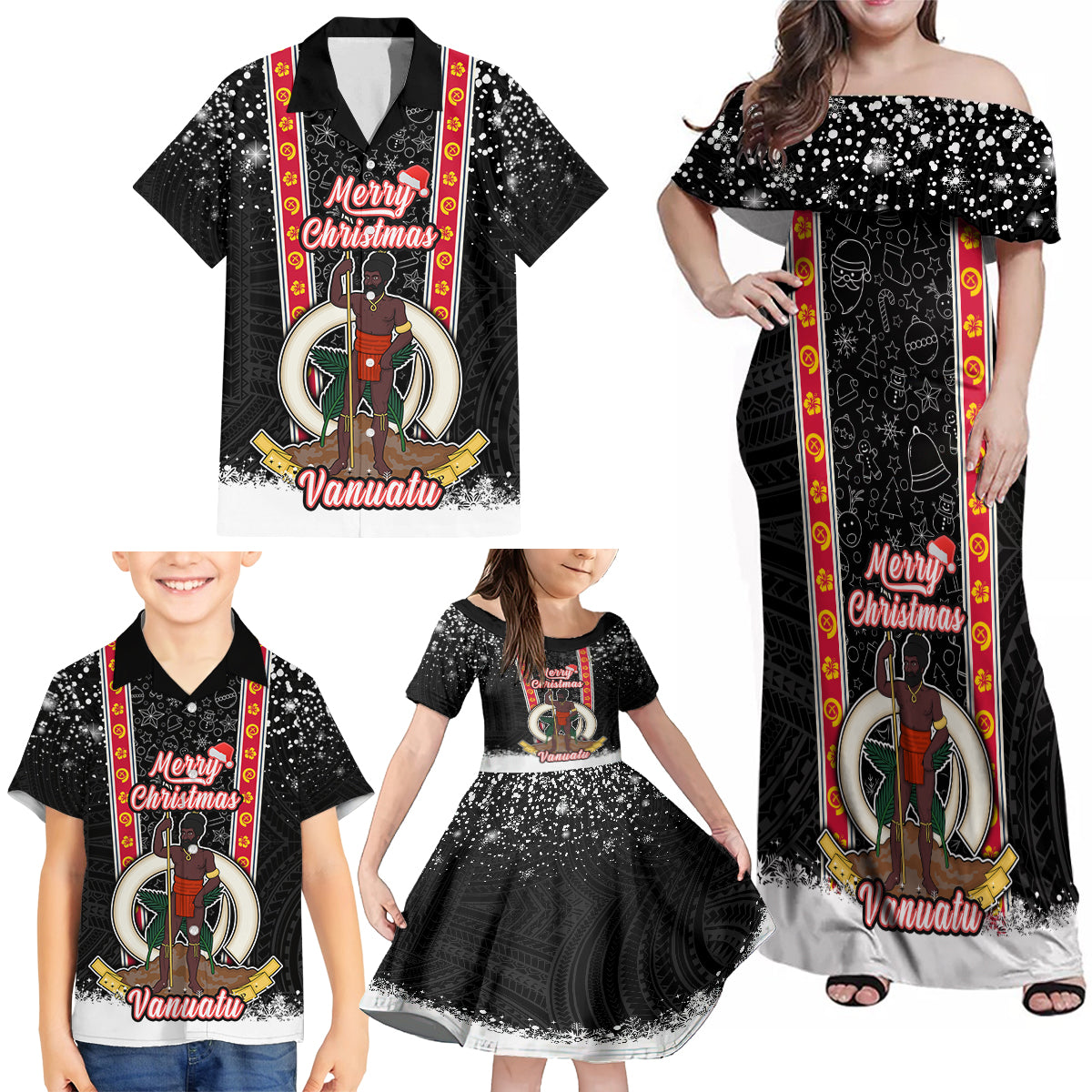 Vanuatu Christmas Family Matching Off Shoulder Maxi Dress and Hawaiian Shirt Polynesian Tribal Snow Style LT03 - Polynesian Pride